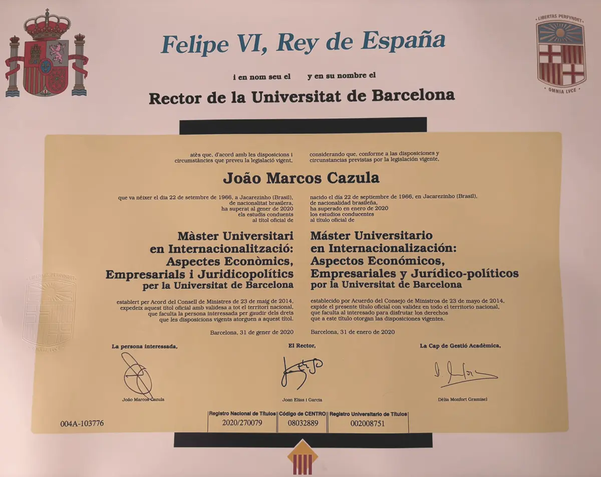 Certificado de Mestrado — João Marcos Cazula · Universitat de Barcelona